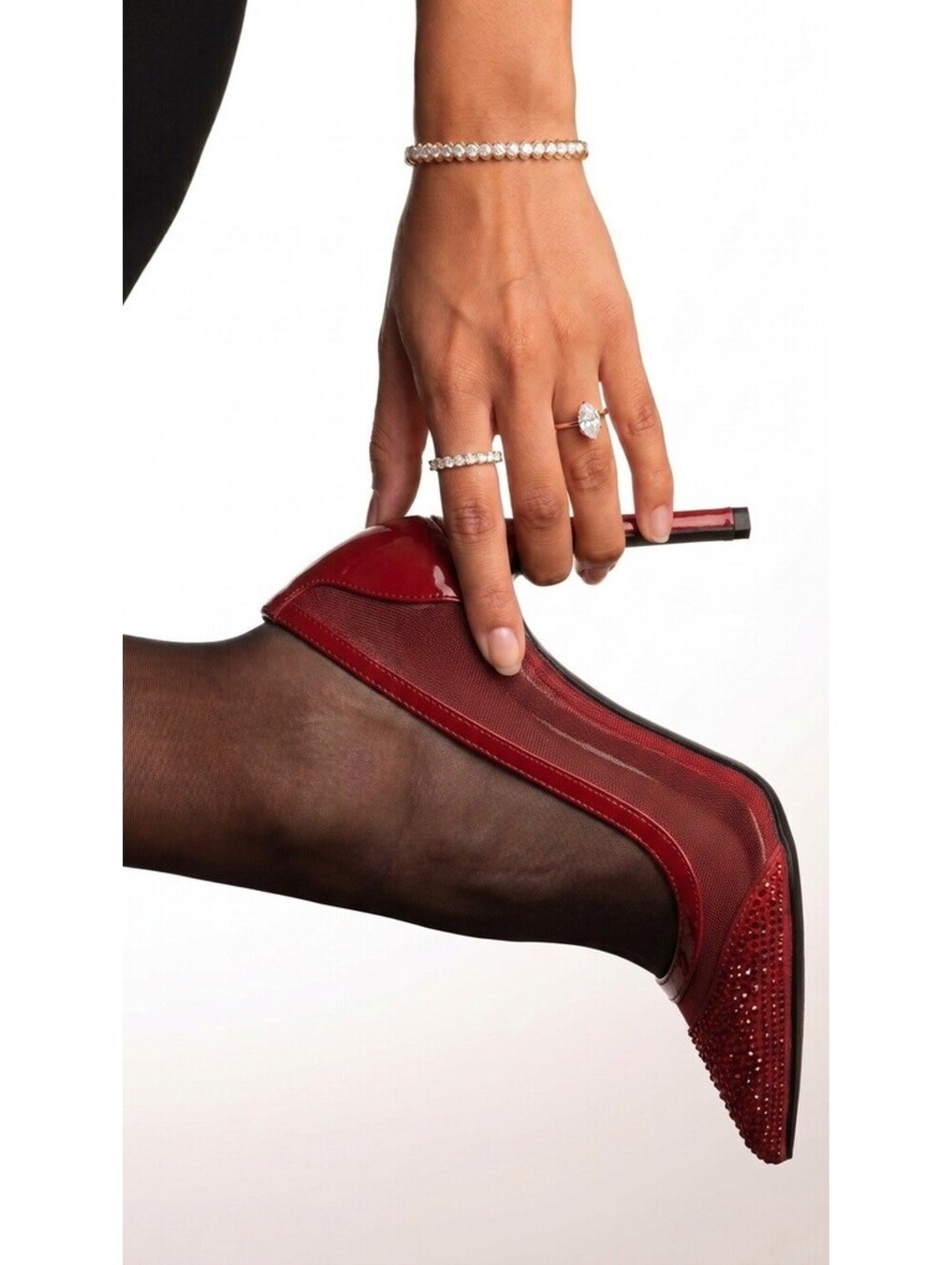 Nine West Red Mesh Patent Leather Stiletto Heels with Rhinestone Detail, Size 10